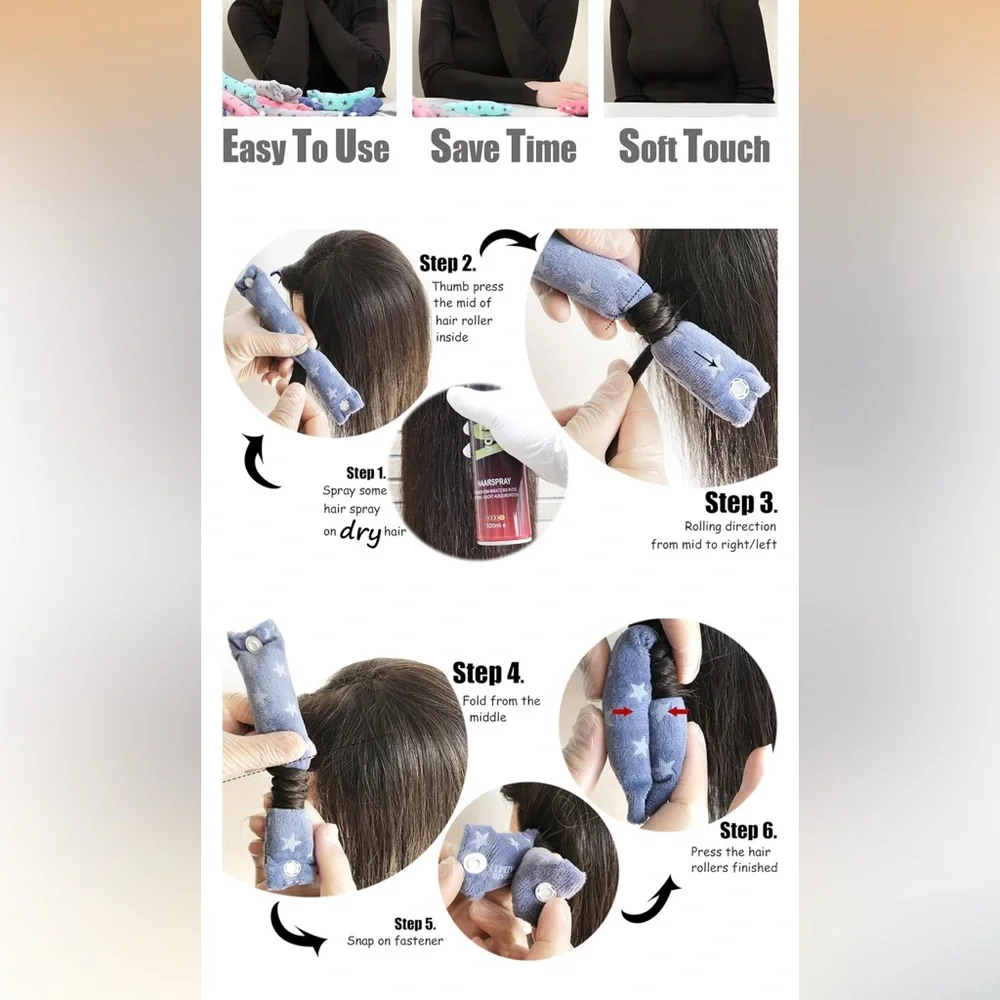 Star Print Soft Fabric Hair Rollers - Multicolor Set - Picture 3 of 6